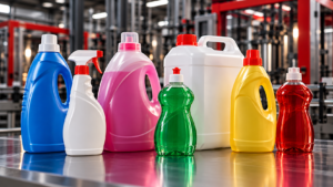 Botellas y garrafas de plástico de colores para detergentes y productos de limpieza, imagen ilustrativa